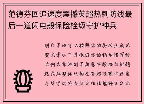 范德芬回追速度震撼英超热刺防线最后一道闪电般保险栓级守护神兵